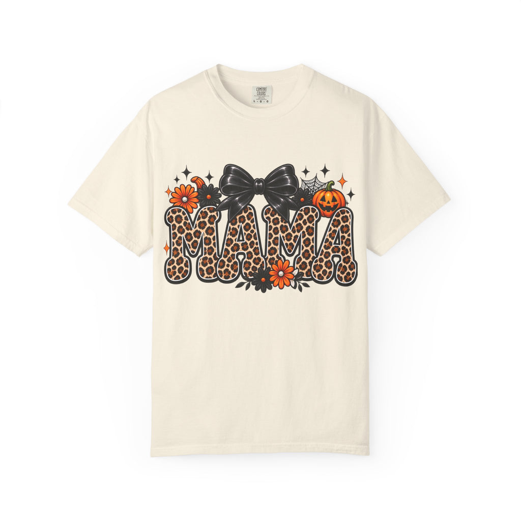 Mama Leopard Halloween T-Shirt — Pumpkin Bow & Floral Fall Graphic