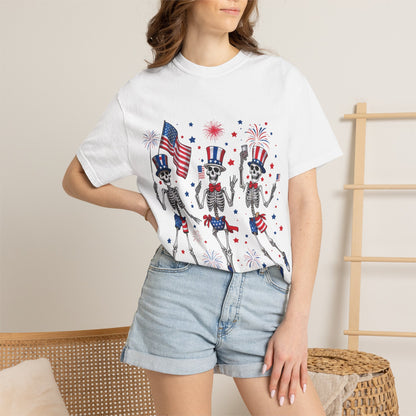 Patriotic Dancing Skeletons T-Shirt | 4th of July Flag Fireworks