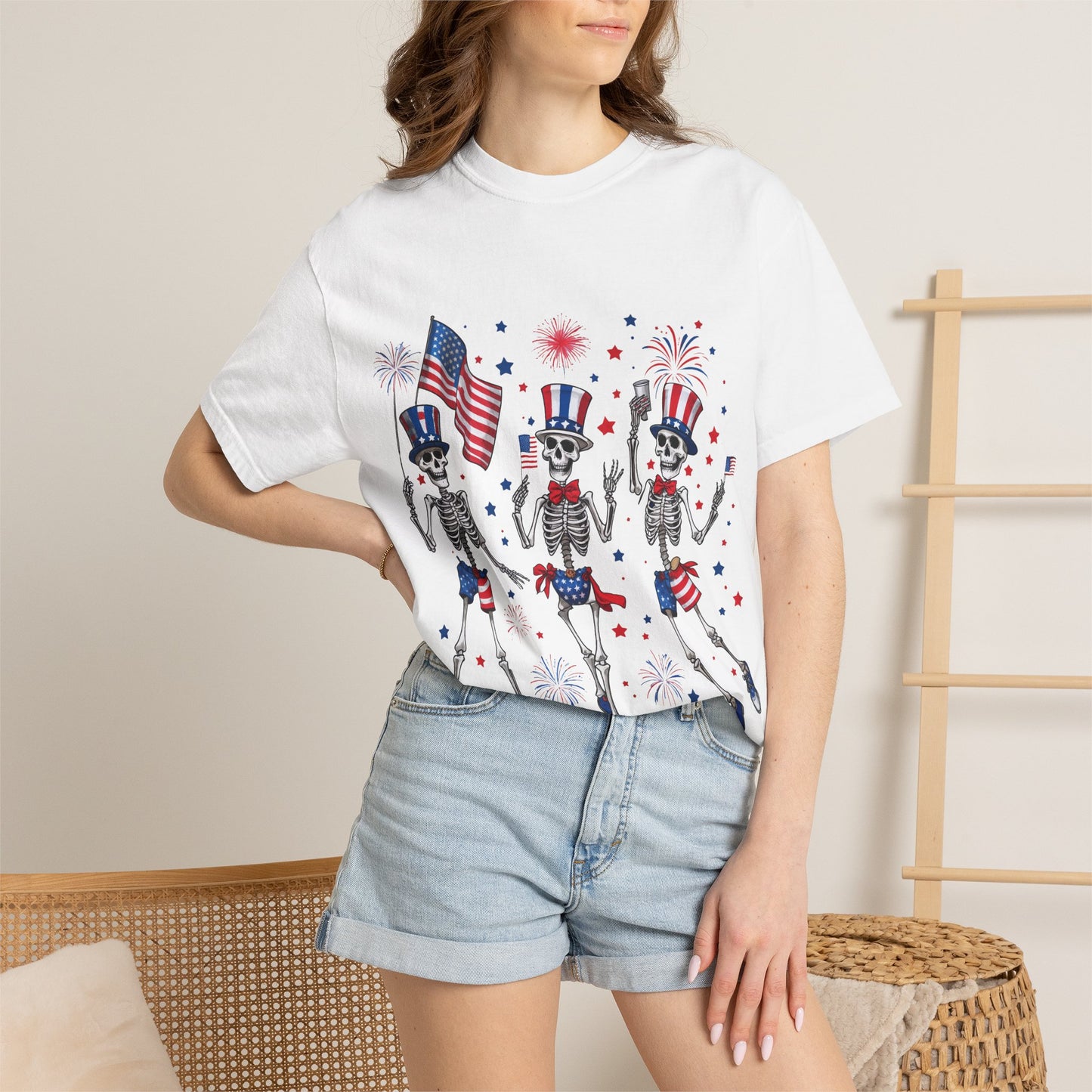 Patriotic Dancing Skeletons T-Shirt | 4th of July Flag Fireworks