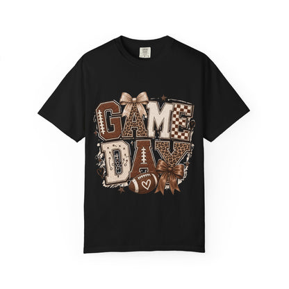 Game Day Graphic Tee — Retro Brown Bow Football Fan Shirt