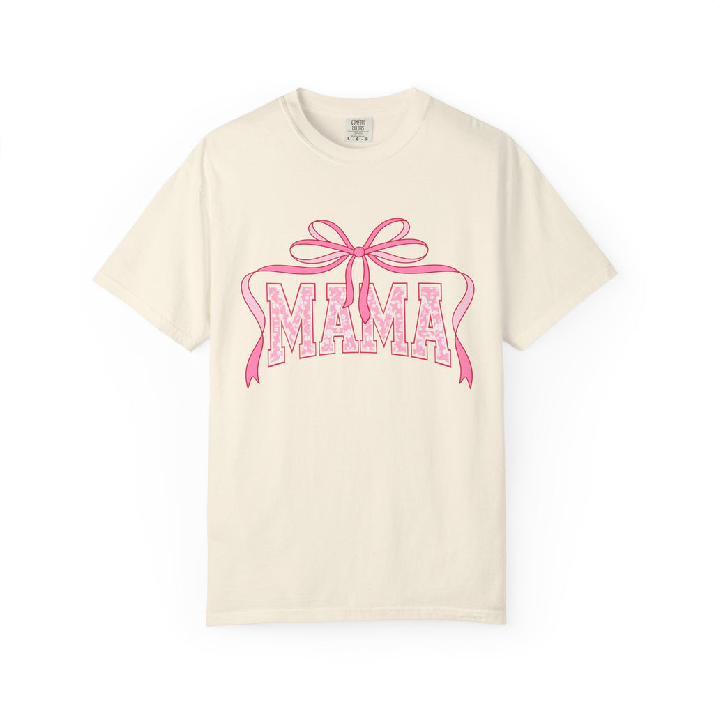 Mama Pink Bow T-Shirt — Floral Lettering Mother’s Day Tee