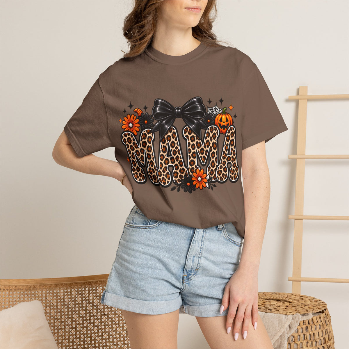 Mama Leopard Halloween T-Shirt — Pumpkin Bow & Floral Fall Graphic