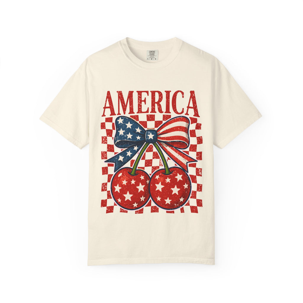 America Cherry Graphic T-Shirt — Patriotic USA Flag Bow Vintage Style