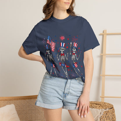 Patriotic Dancing Skeletons T-Shirt | 4th of July Flag Fireworks