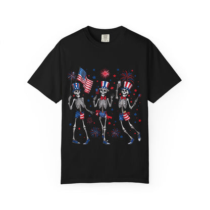 Patriotic Dancing Skeletons T-Shirt | 4th of July Flag Fireworks
