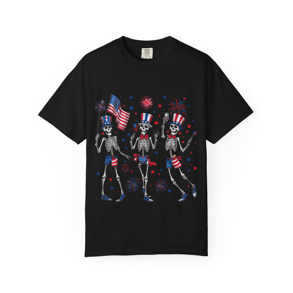 Patriotic Dancing Skeletons T-Shirt | 4th of July Flag Fireworks