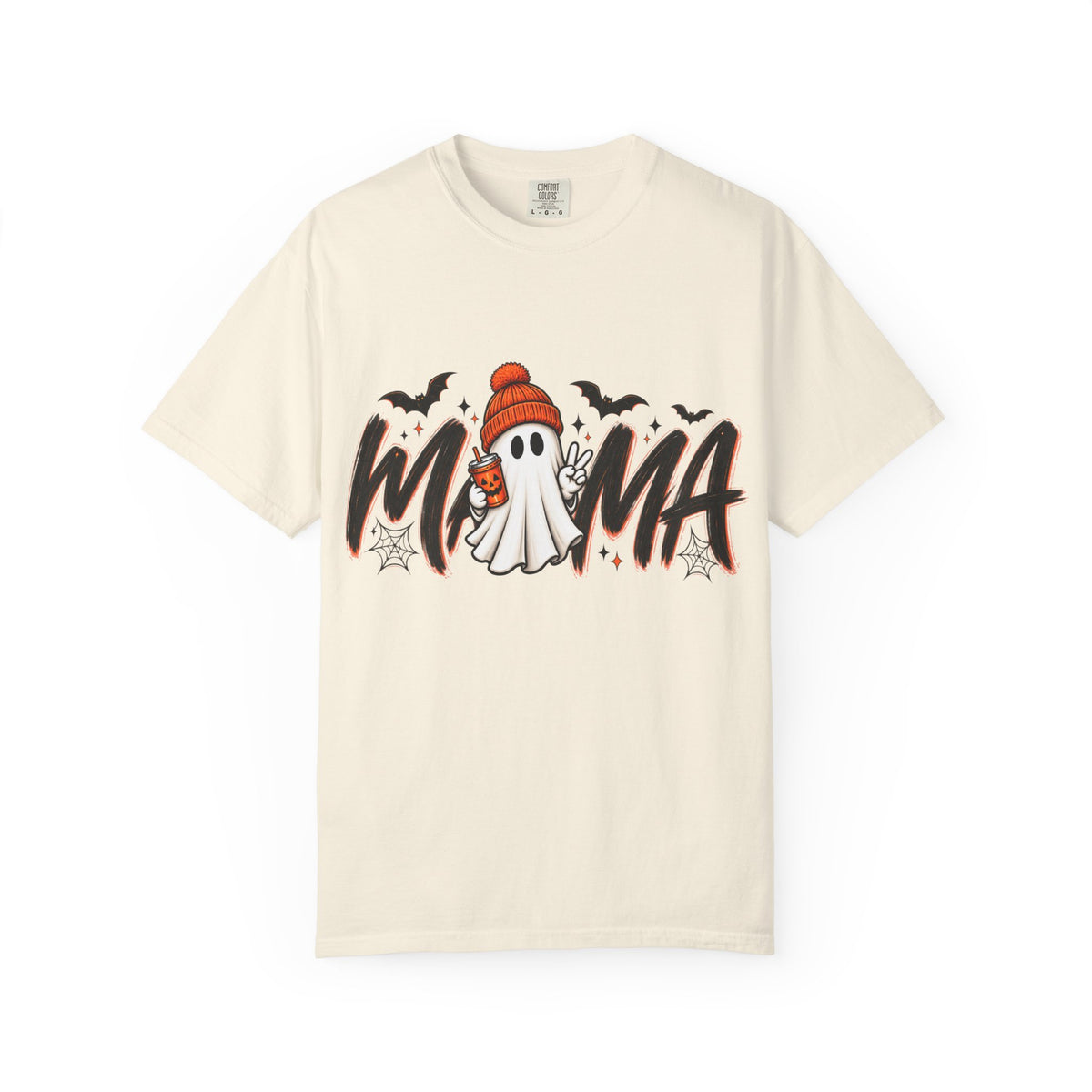 Halloween Ghost Mama T-Shirt — Cute Ghost with Candy & 'MAMA' Graphic, Spooky Mom Tee