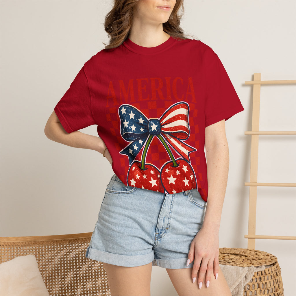 America Cherry Graphic T-Shirt — Patriotic USA Flag Bow Vintage Style