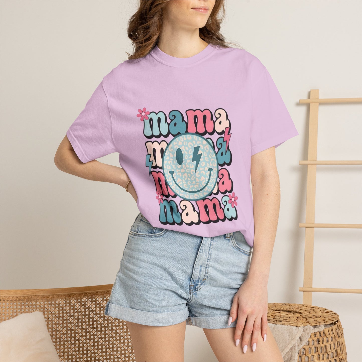 Mama Smiley Graphic T-Shirt — Retro Pink & Blue Mother’s Day Tee