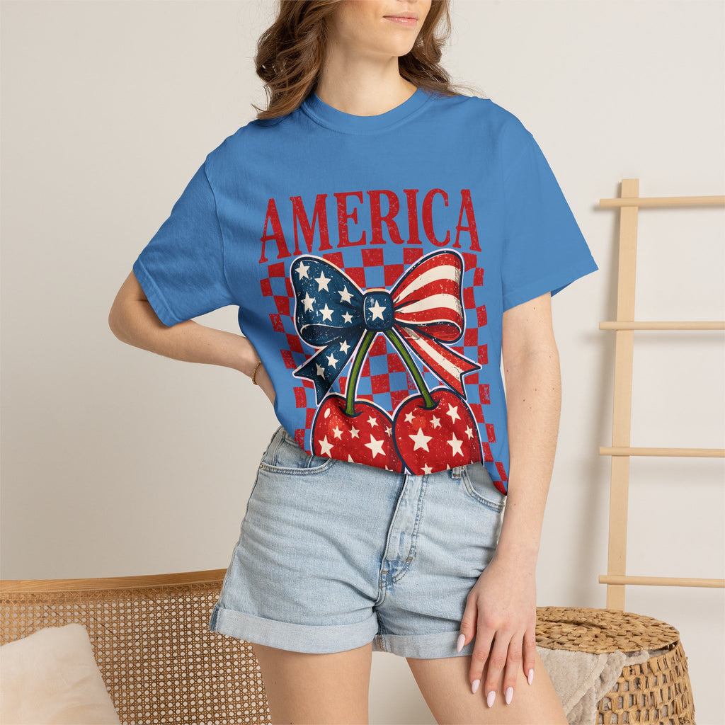 America Cherry Graphic T-Shirt — Patriotic USA Flag Bow Vintage Style