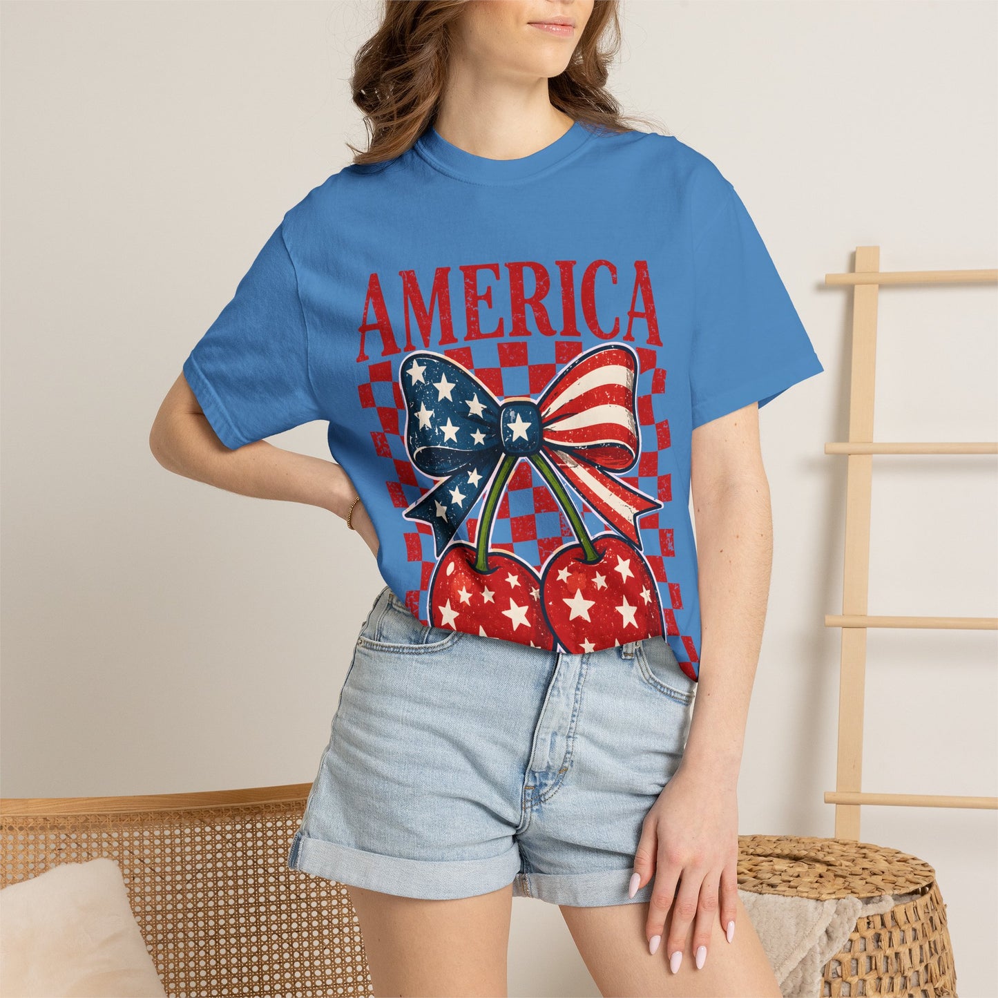 America Cherry Graphic T-Shirt — Patriotic USA Flag Bow Vintage Style