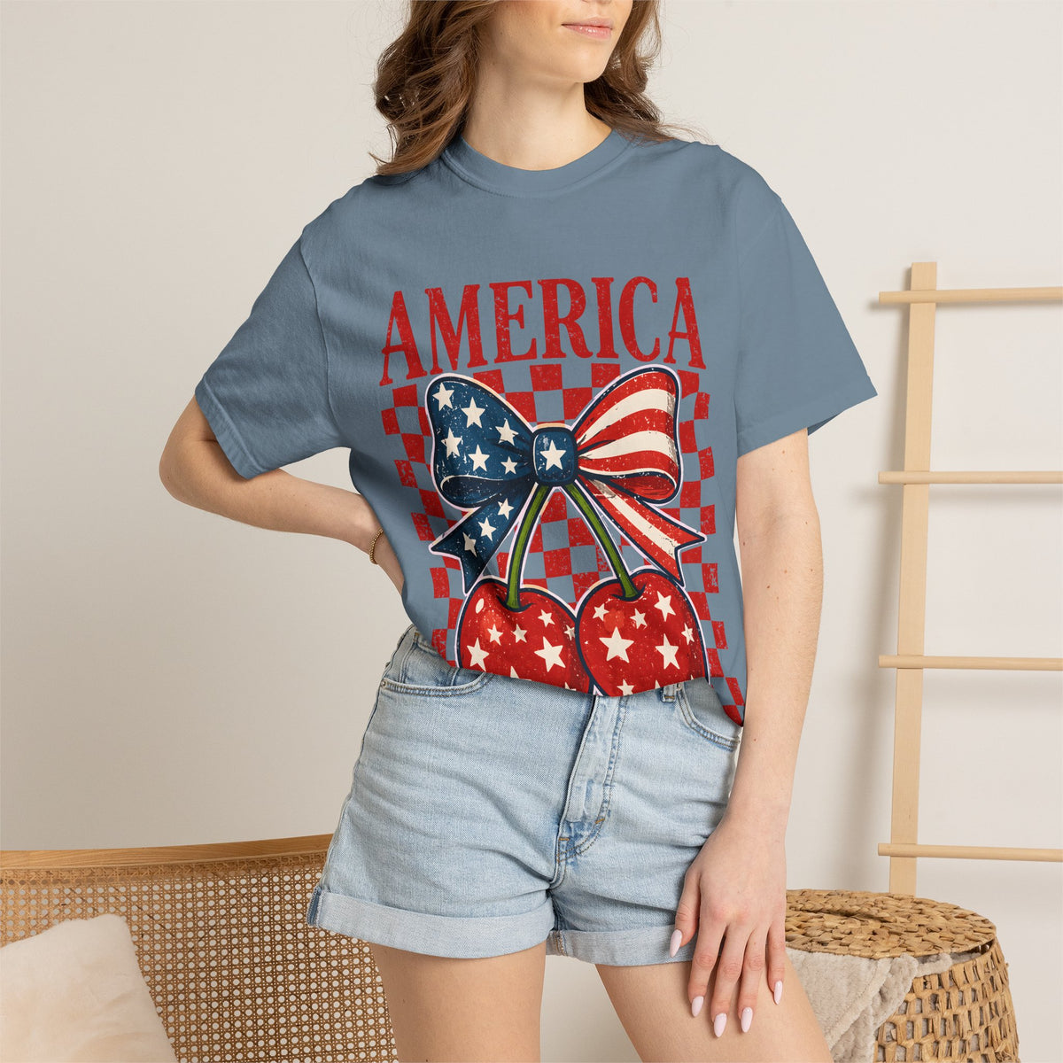 America Cherry Graphic T-Shirt — Patriotic USA Flag Bow Vintage Style