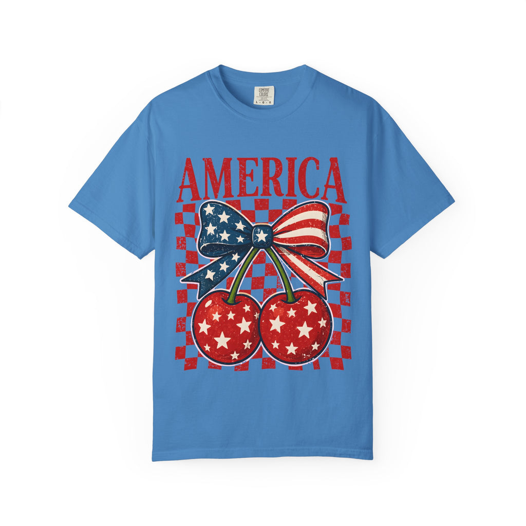 America Cherry Graphic T-Shirt — Patriotic USA Flag Bow Vintage Style