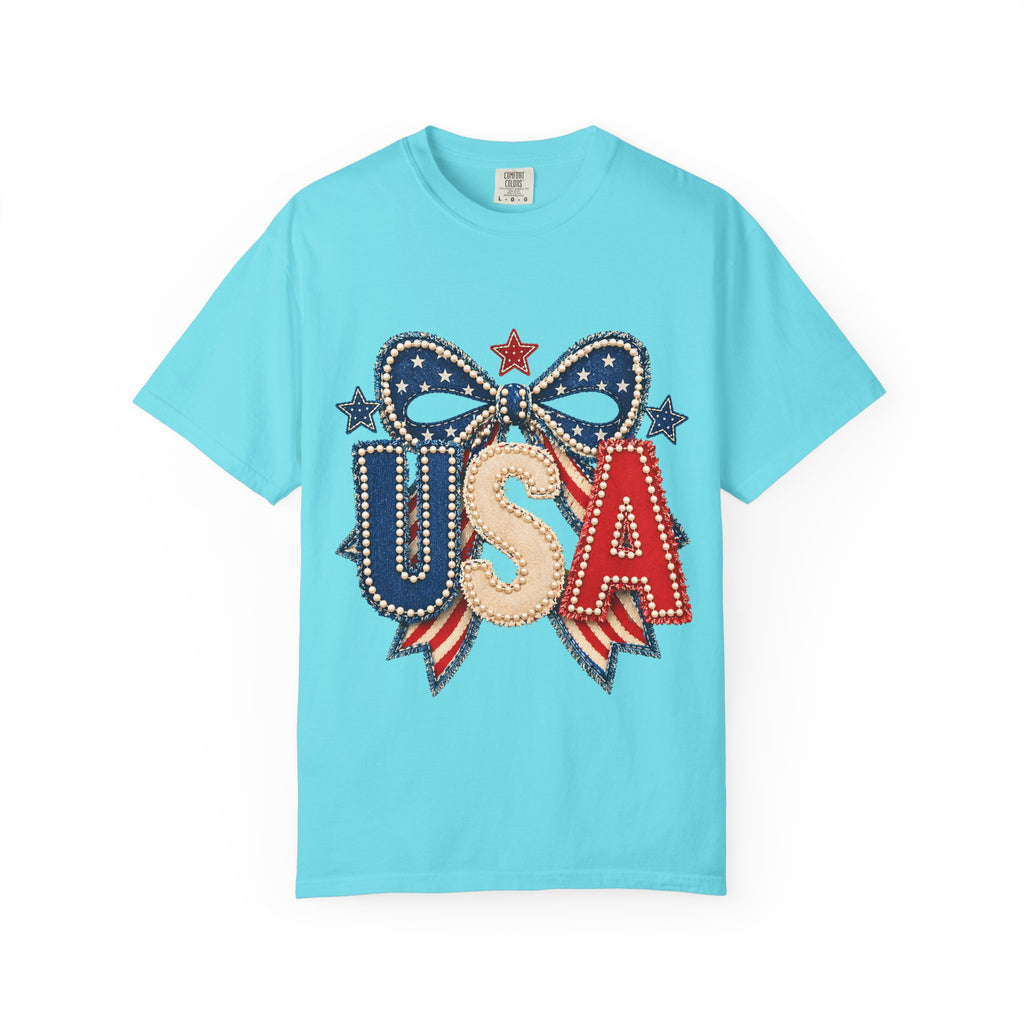 USA Patriotic Bow T‑Shirt — Fourth of July American Flag Tee