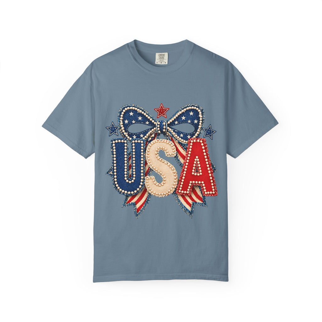 USA Patriotic Bow T‑Shirt — Fourth of July American Flag Tee