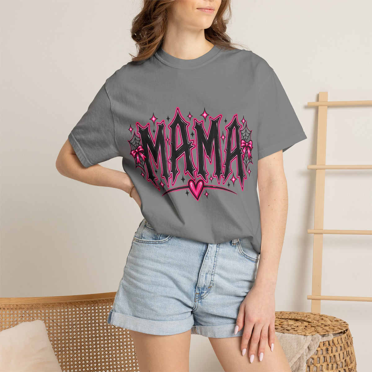 Mama Gothic Graphic T-Shirt — Pink Heart & Spiderweb Mother’s Day Tee
