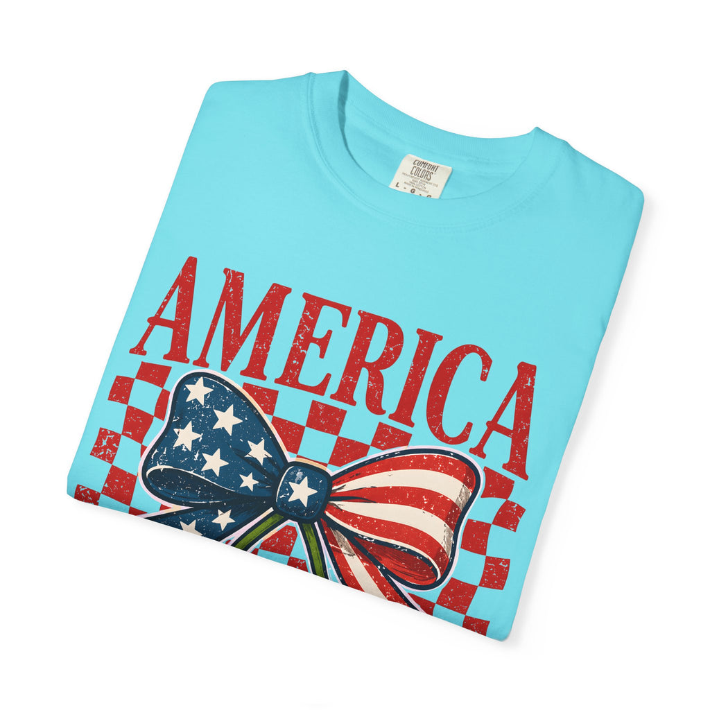 America Cherry Graphic T-Shirt — Patriotic USA Flag Bow Vintage Style