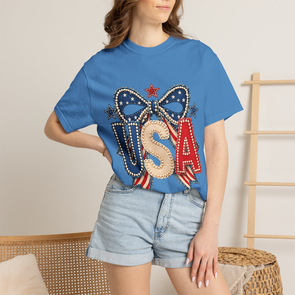 USA Patriotic Bow T‑Shirt — Fourth of July American Flag Tee