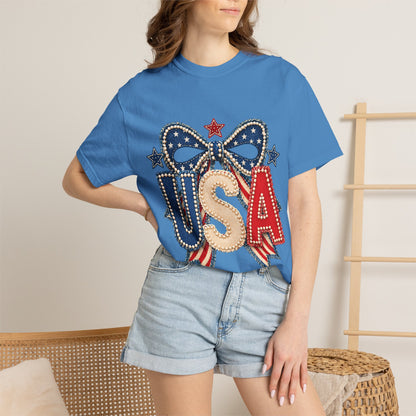 USA Patriotic Bow T‑Shirt — Fourth of July American Flag Tee