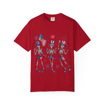 Patriotic Dancing Skeletons T-Shirt | 4th of July Flag Fireworks