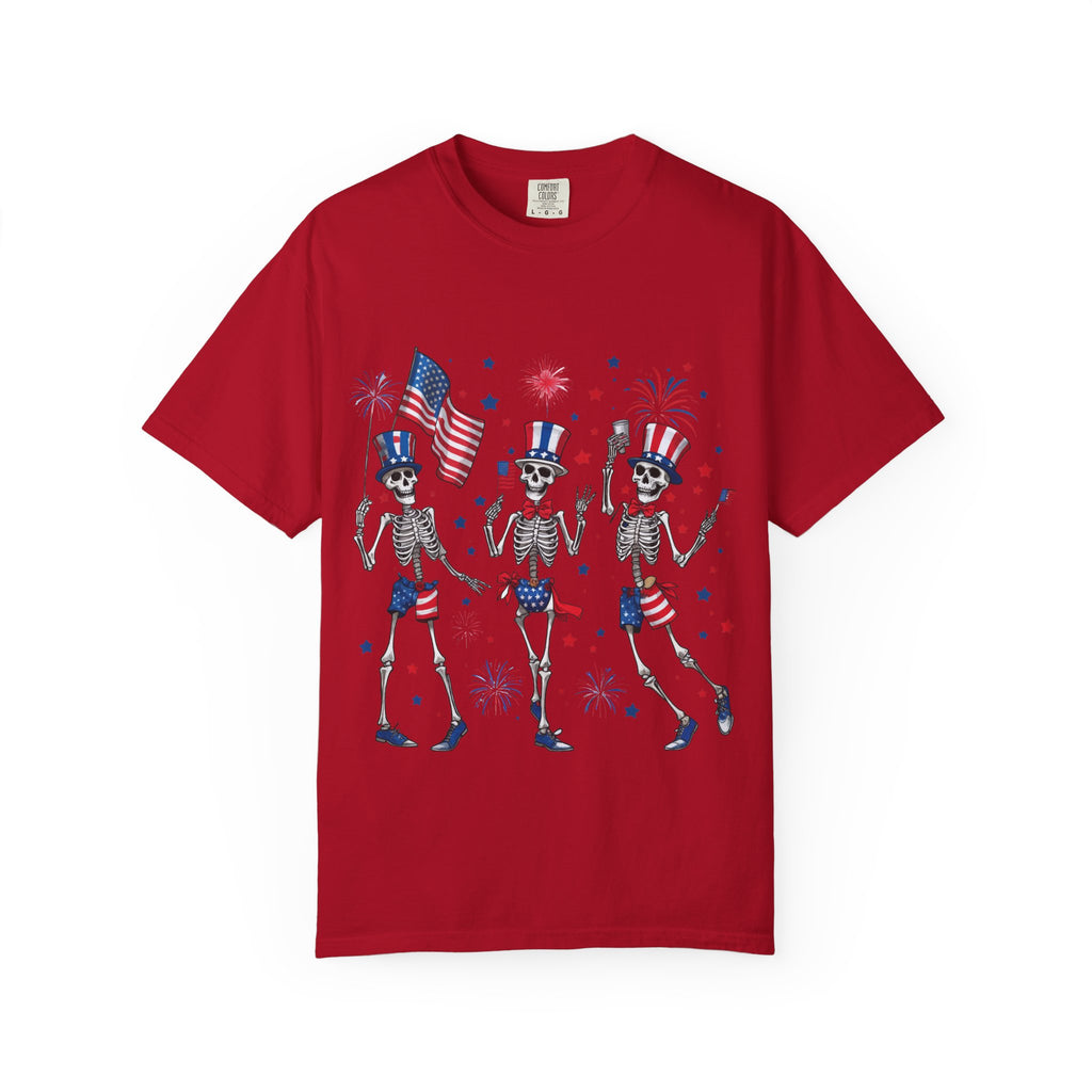 Patriotic Dancing Skeletons T-Shirt | 4th of July Flag Fireworks