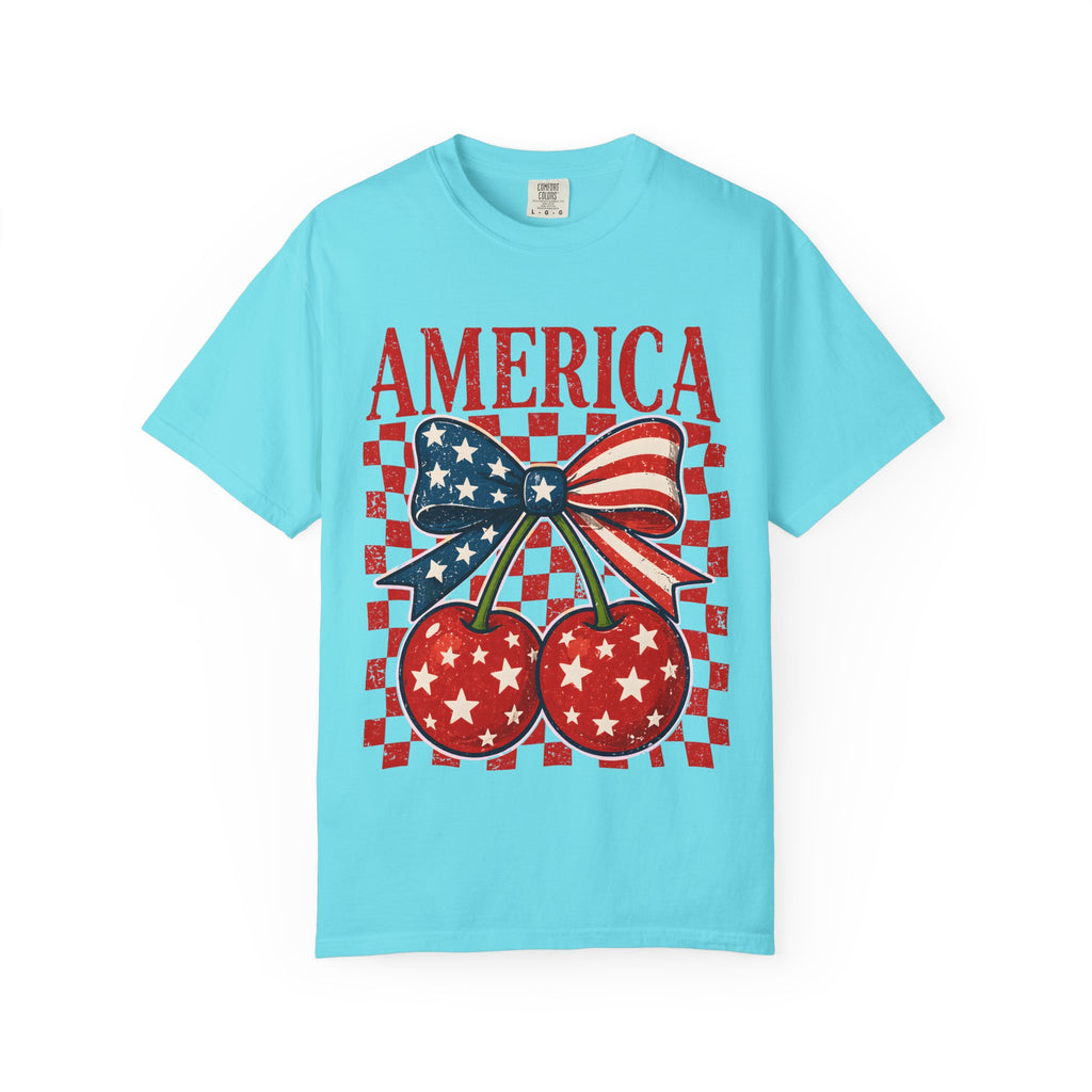 America Cherry Graphic T-Shirt — Patriotic USA Flag Bow Vintage Style