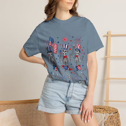 Patriotic Dancing Skeletons T-Shirt | 4th of July Flag Fireworks