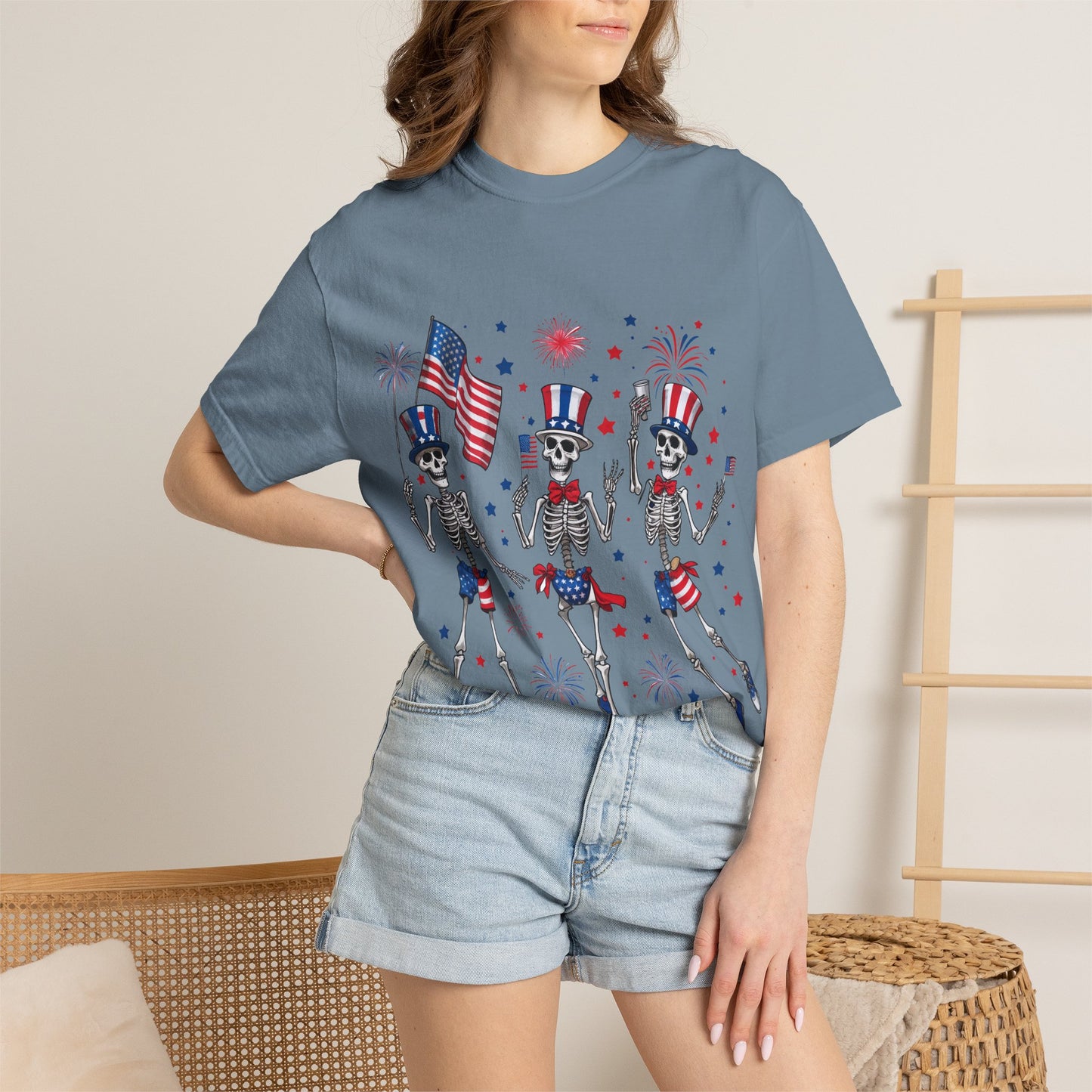 Patriotic Dancing Skeletons T-Shirt | 4th of July Flag Fireworks