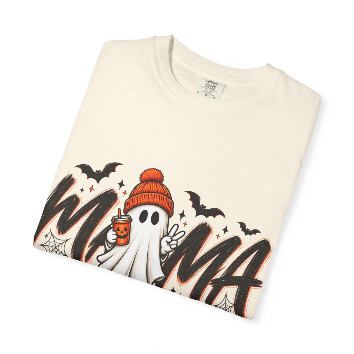 Halloween Ghost Mama T-Shirt — Cute Ghost with Candy & 'MAMA' Graphic, Spooky Mom Tee