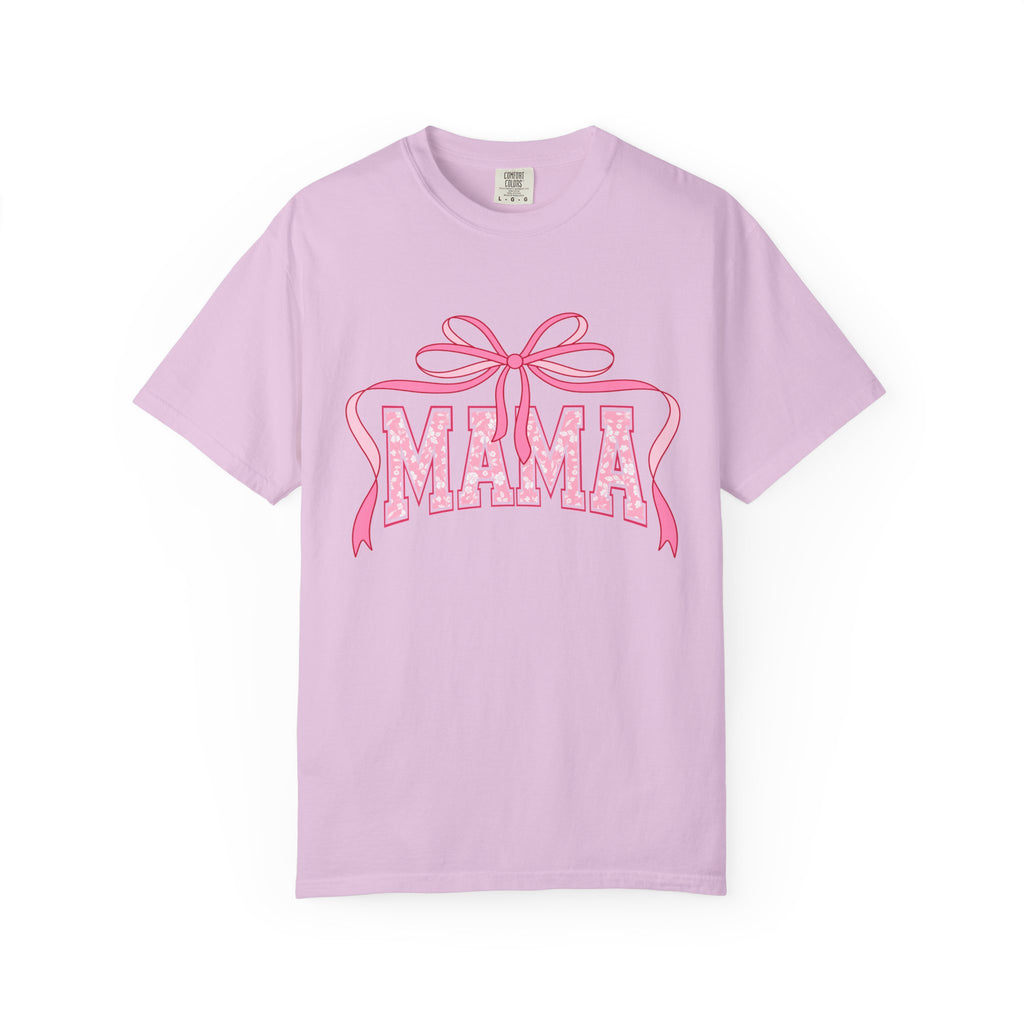 Mama Pink Bow T-Shirt — Floral Lettering Mother’s Day Tee