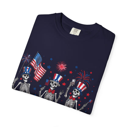 Patriotic Dancing Skeletons T-Shirt | 4th of July Flag Fireworks