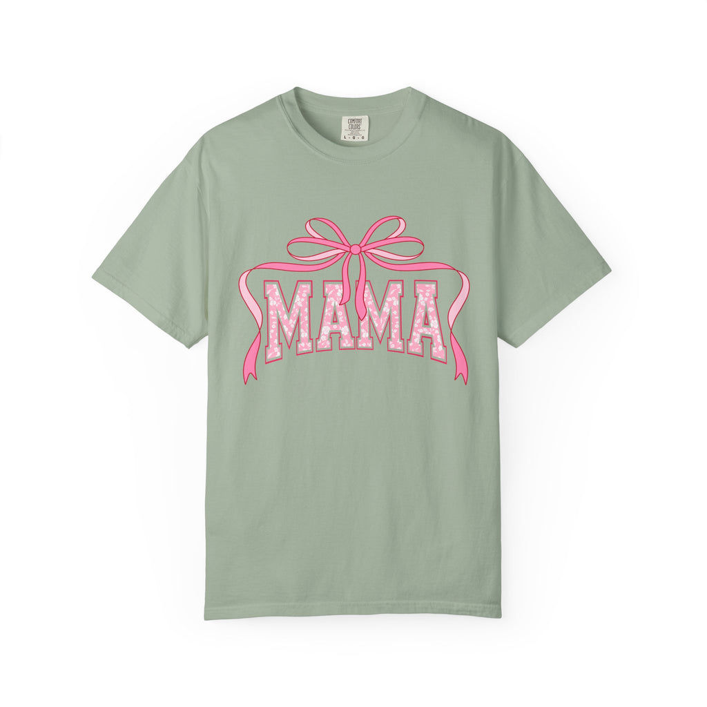 Mama Pink Bow T-Shirt — Floral Lettering Mother’s Day Tee