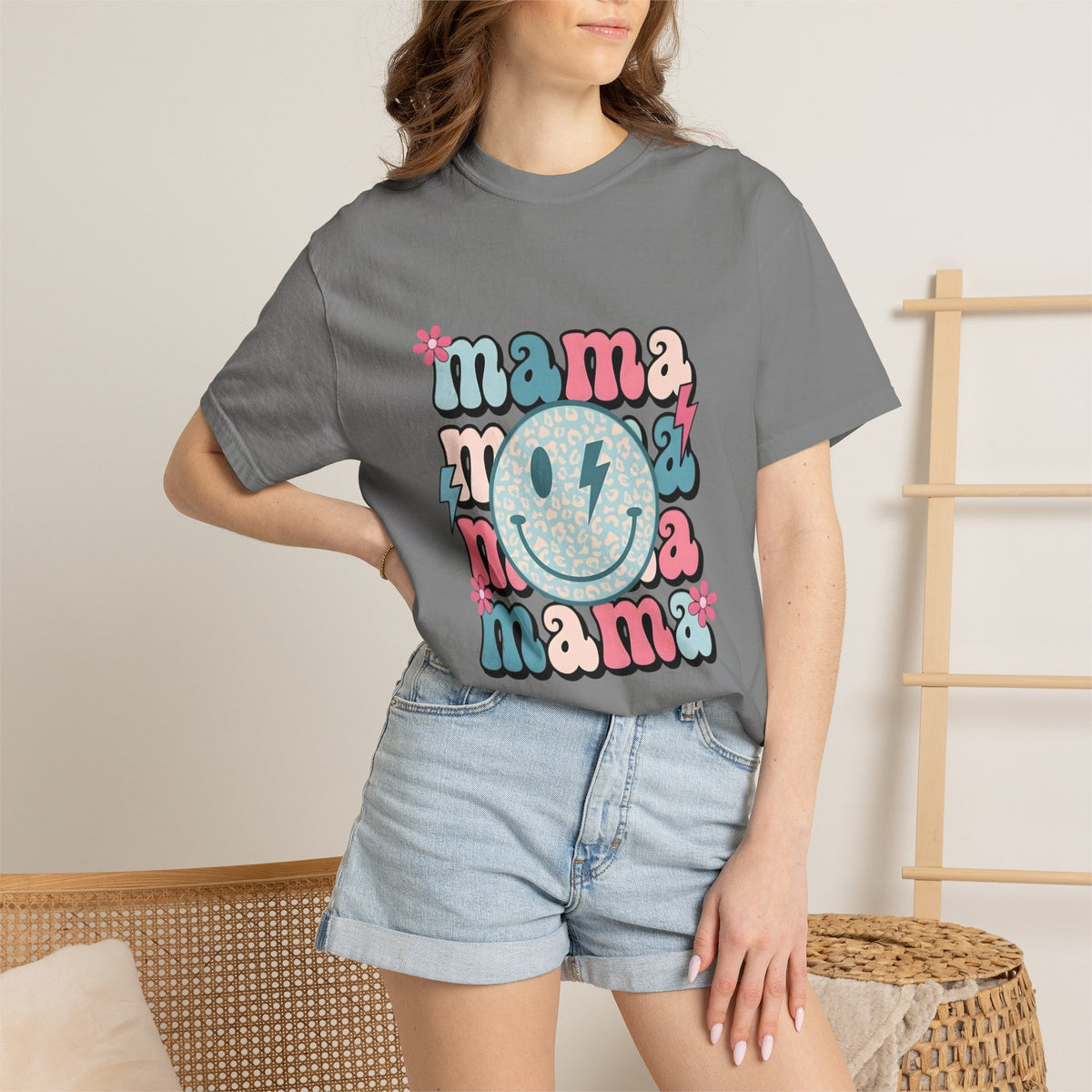 Mama Smiley Graphic T-Shirt — Retro Pink & Blue Mother’s Day Tee