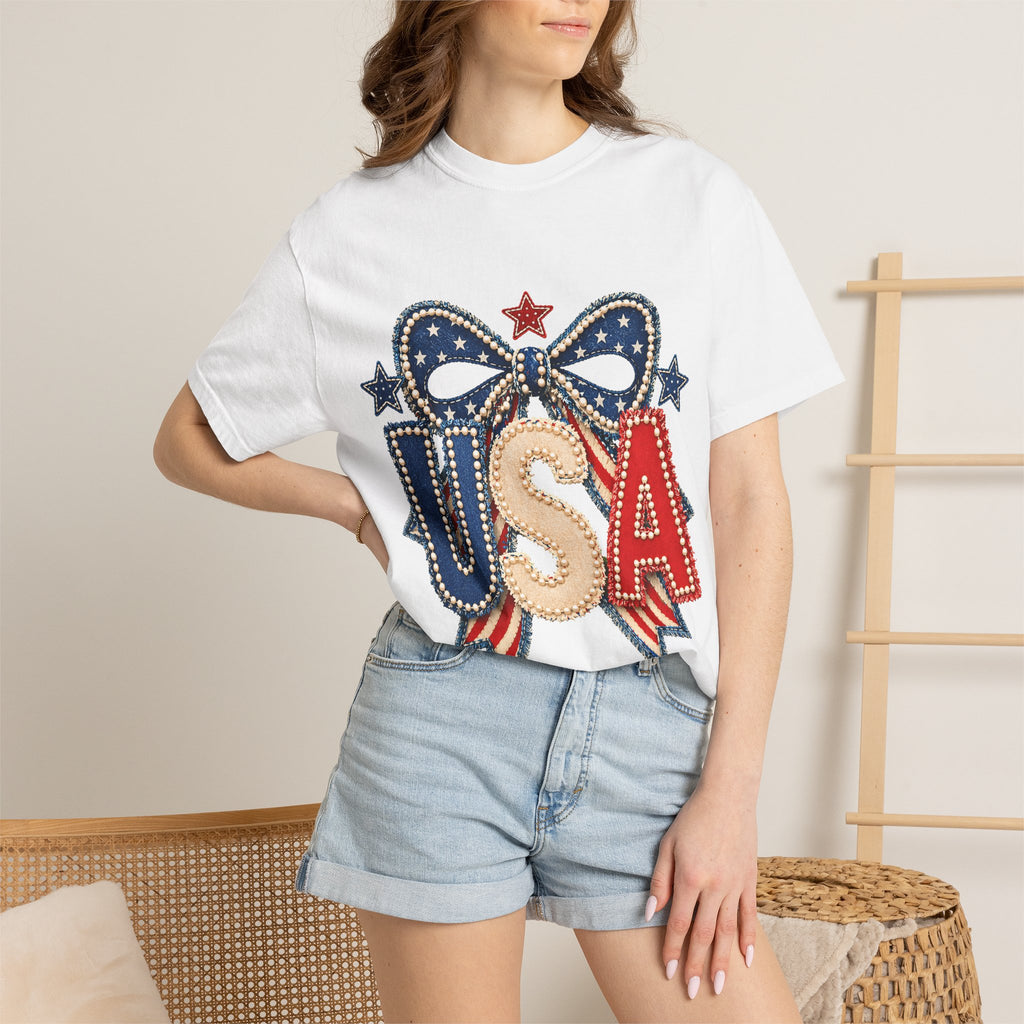 USA Patriotic Bow T‑Shirt — Fourth of July American Flag Tee