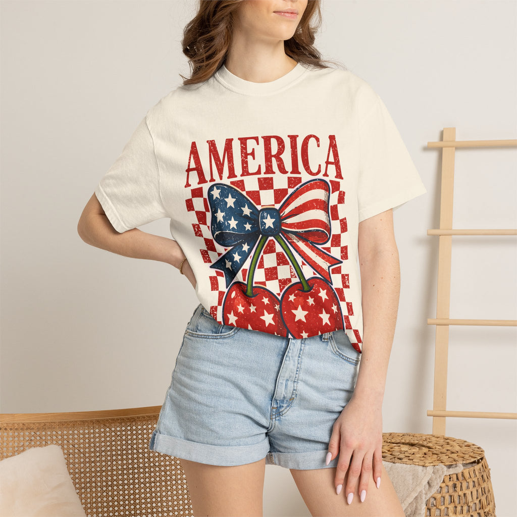 America Cherry Graphic T-Shirt — Patriotic USA Flag Bow Vintage Style