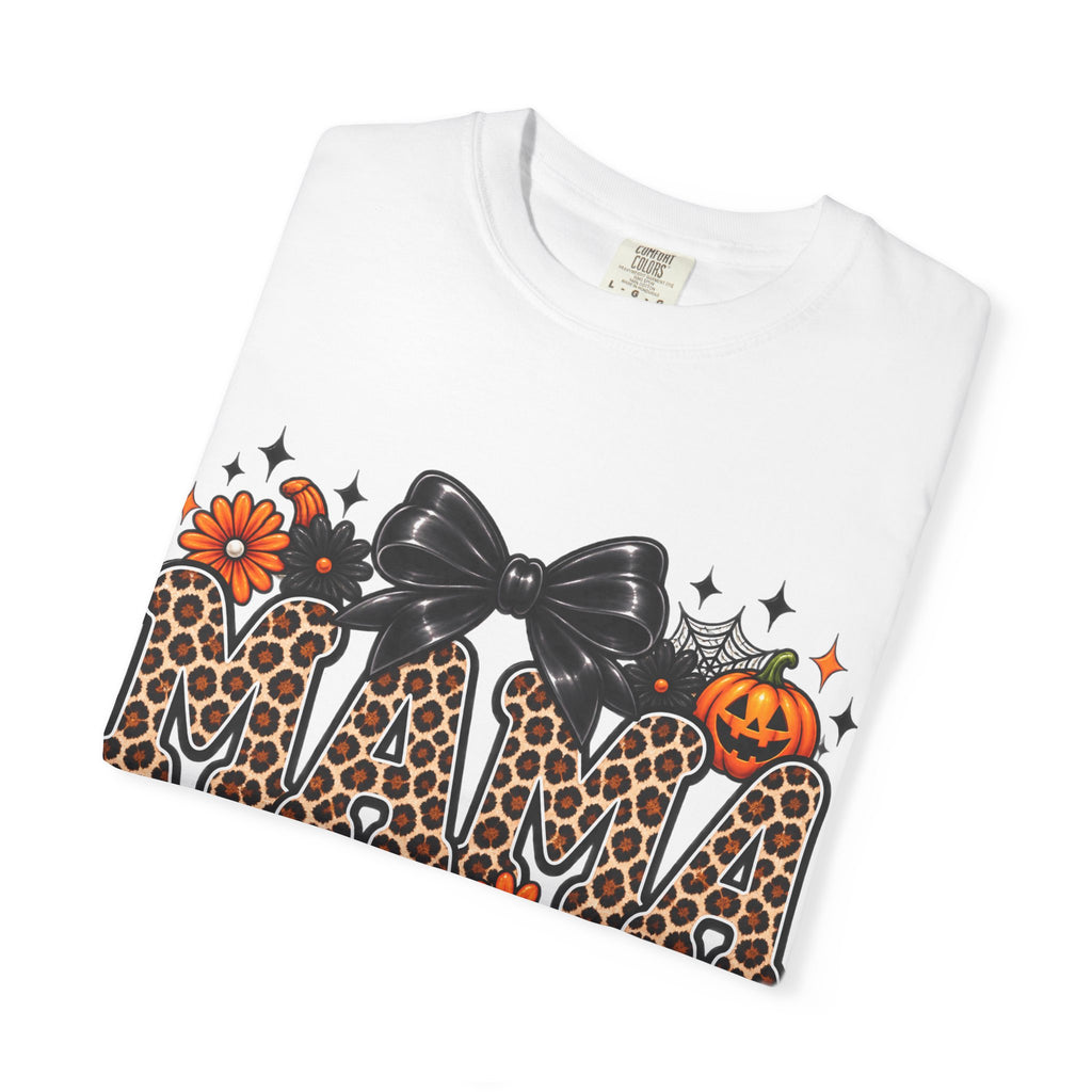 Mama Leopard Halloween T-Shirt — Pumpkin Bow & Floral Fall Graphic