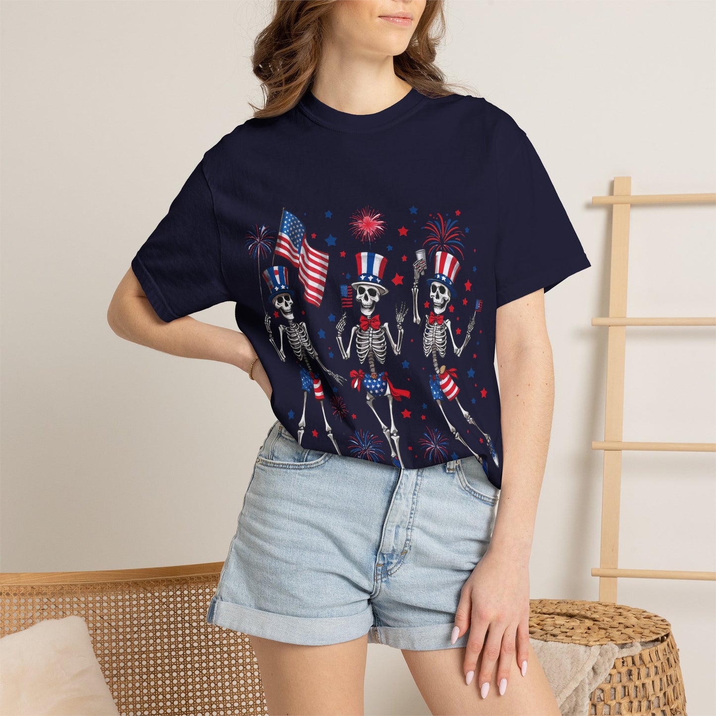 Patriotic Dancing Skeletons T-Shirt | 4th of July Flag Fireworks