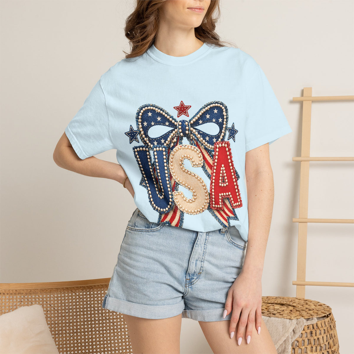 USA Patriotic Bow T‑Shirt — Fourth of July American Flag Tee