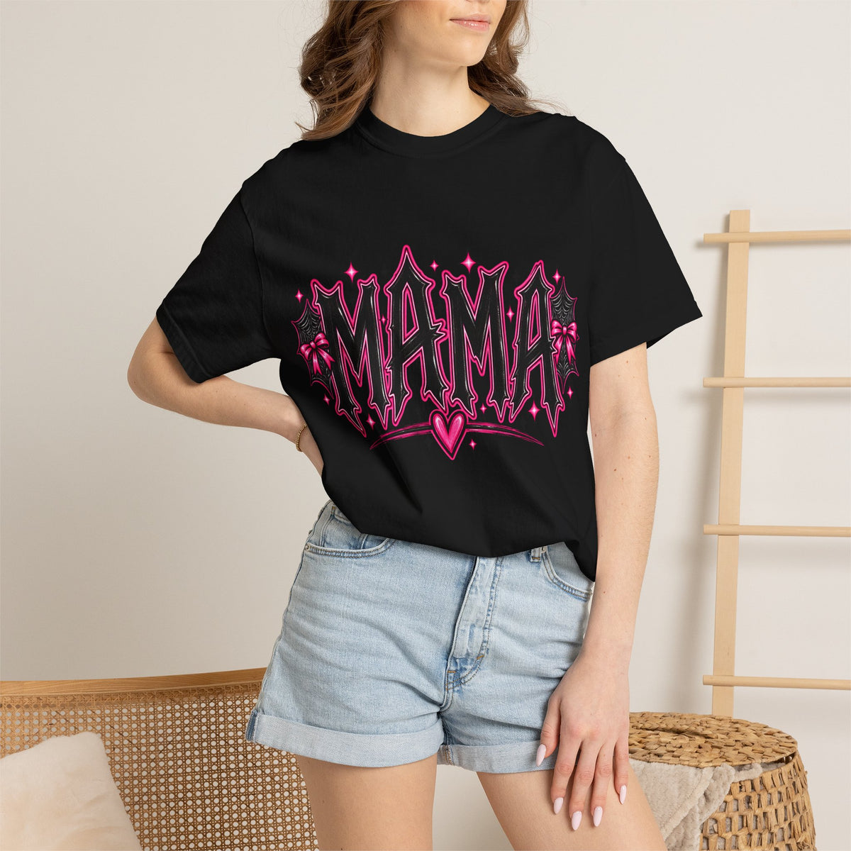 Mama Gothic Graphic T-Shirt — Pink Heart & Spiderweb Mother’s Day Tee