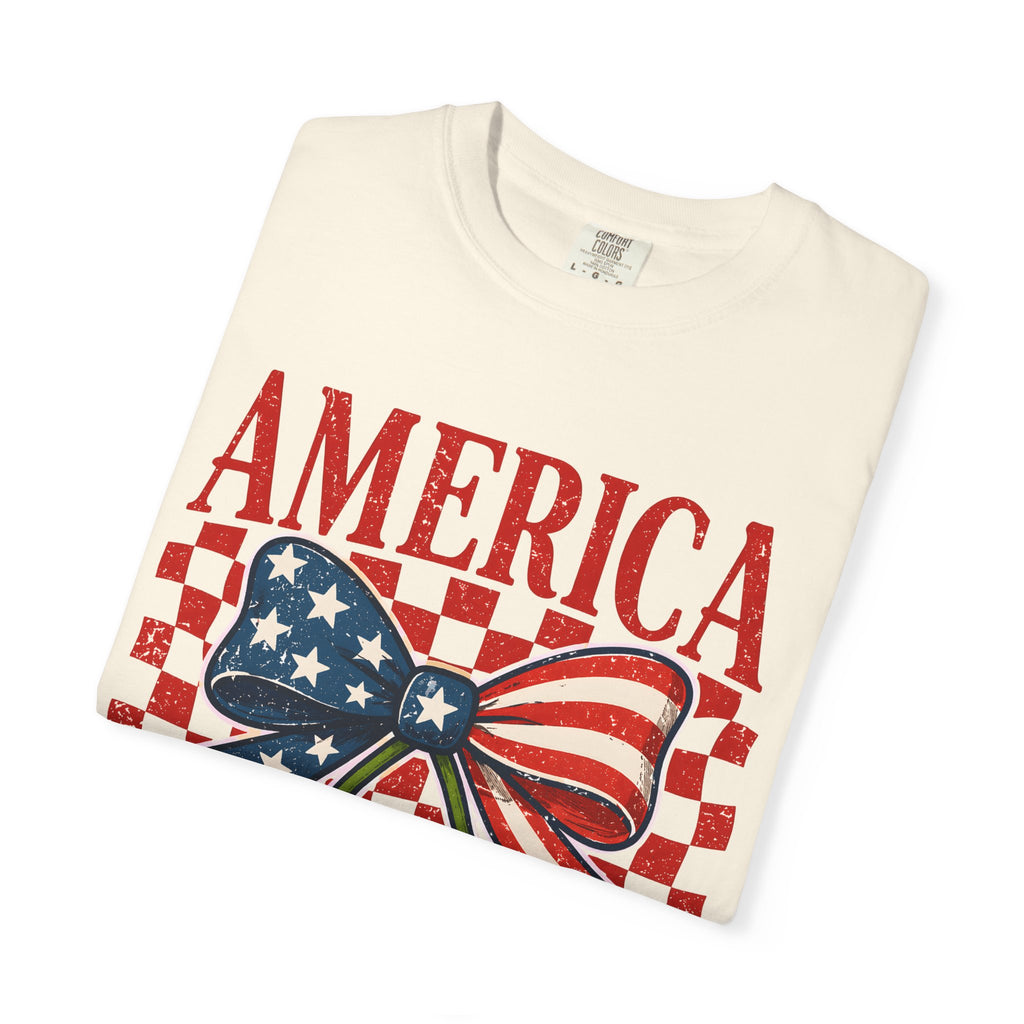 America Cherry Graphic T-Shirt — Patriotic USA Flag Bow Vintage Style