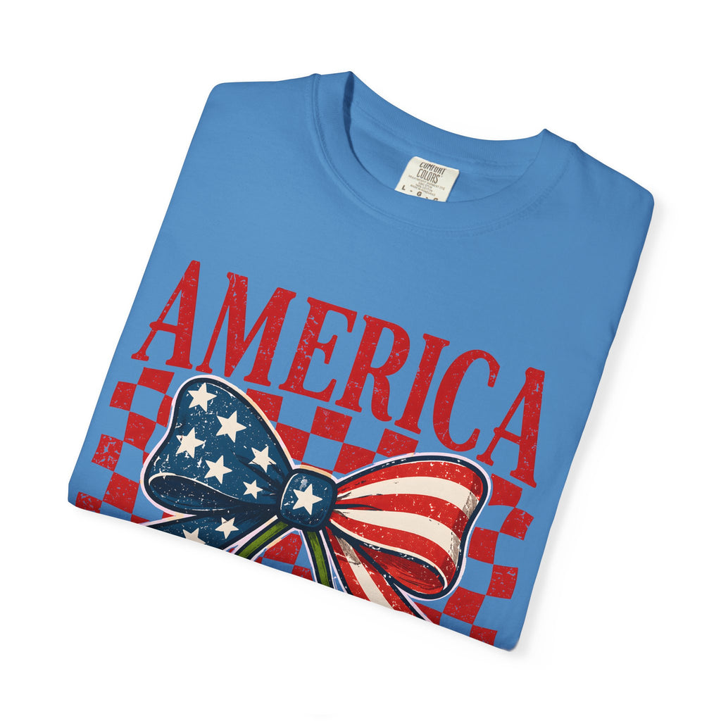 America Cherry Graphic T-Shirt — Patriotic USA Flag Bow Vintage Style