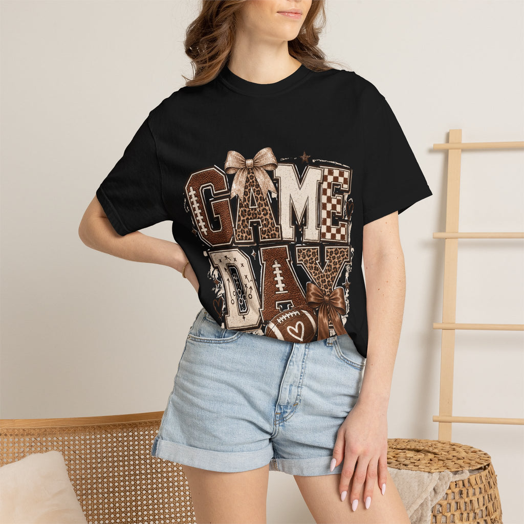 Game Day Graphic Tee — Retro Brown Bow Football Fan Shirt