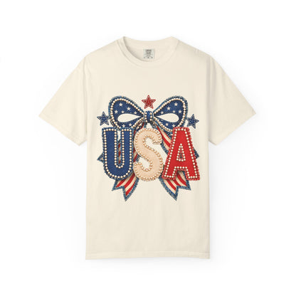USA Patriotic Bow T‑Shirt — Fourth of July American Flag Tee
