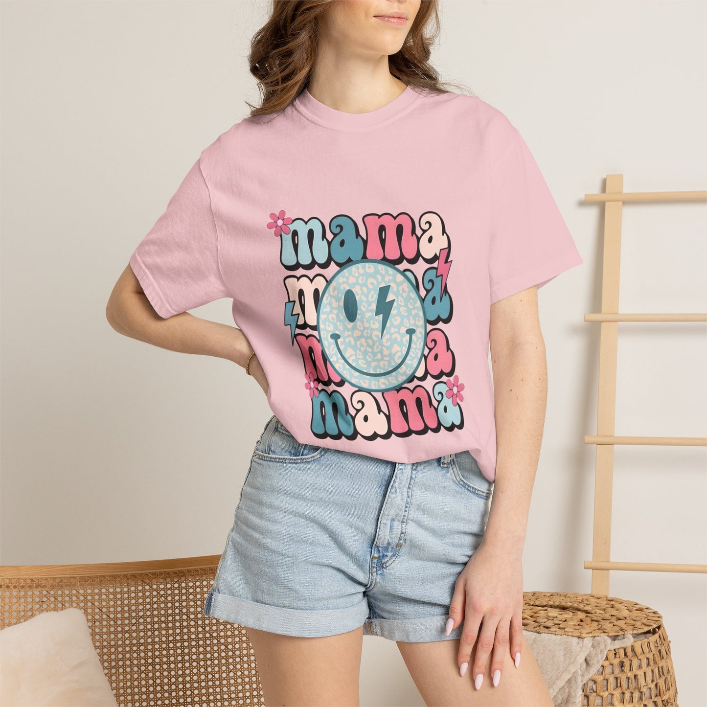 Mama Smiley Graphic T-Shirt — Retro Pink & Blue Mother’s Day Tee