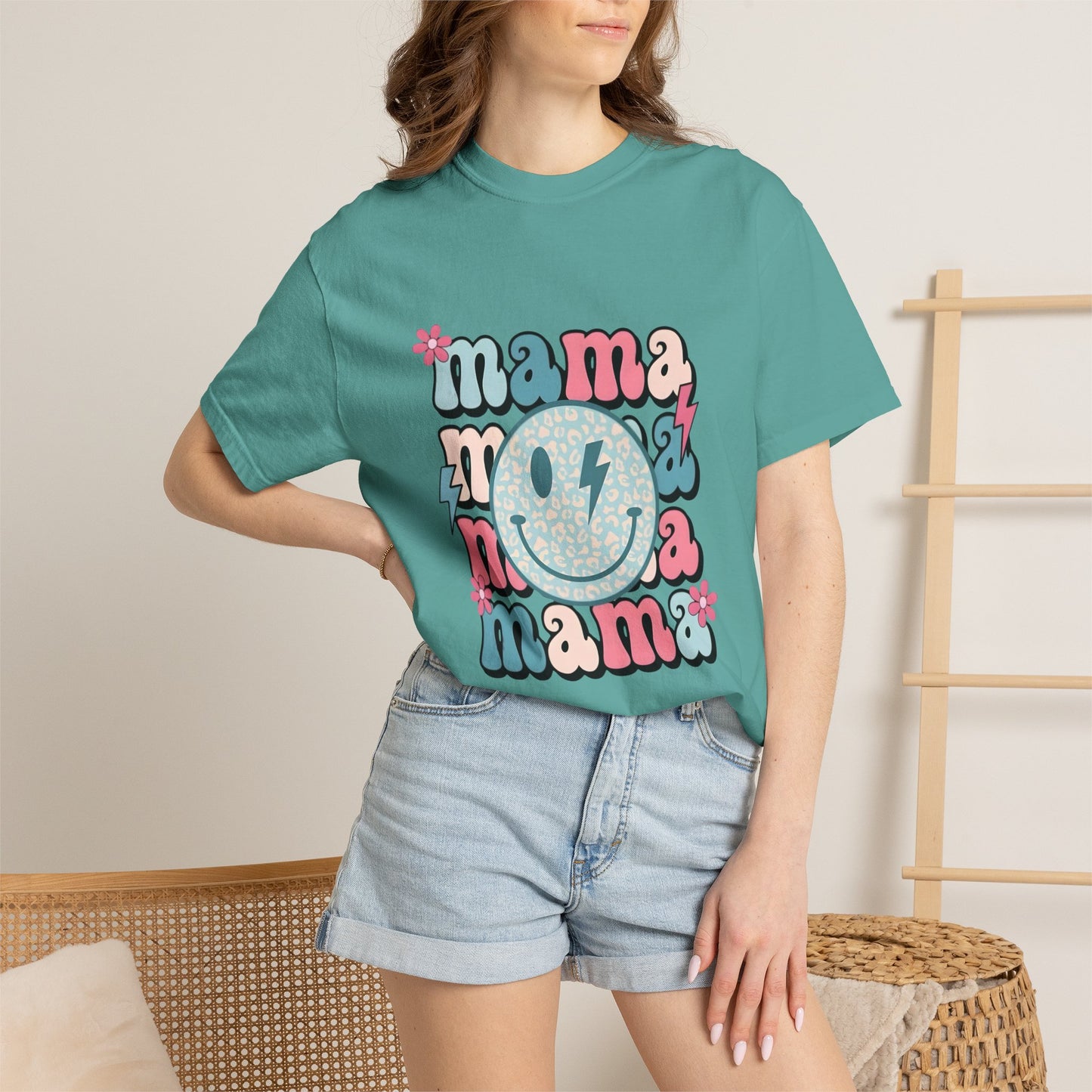 Mama Smiley Graphic T-Shirt — Retro Pink & Blue Mother’s Day Tee