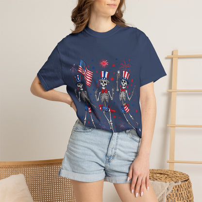Patriotic Dancing Skeletons T-Shirt | 4th of July Flag Fireworks