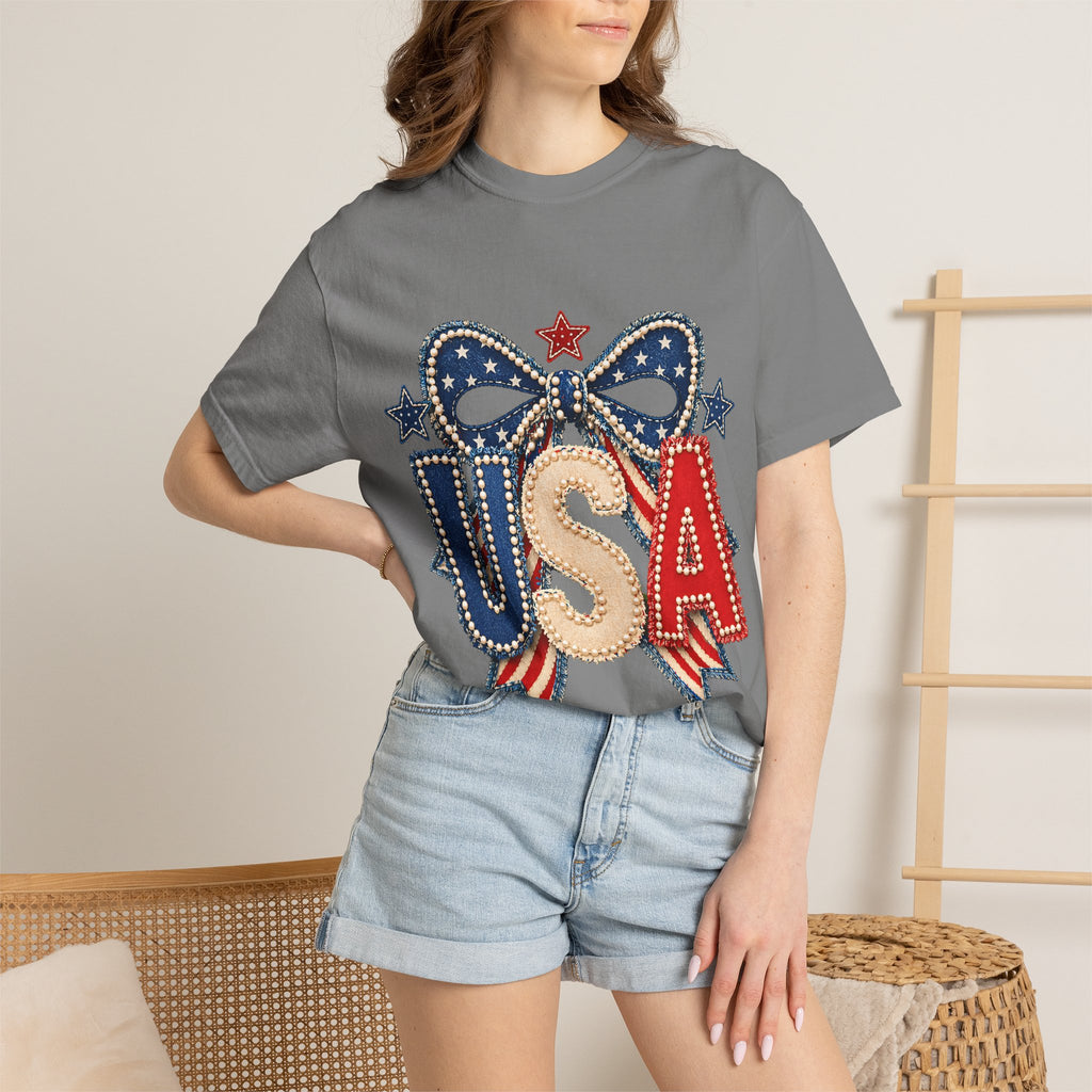 USA Patriotic Bow T‑Shirt — Fourth of July American Flag Tee