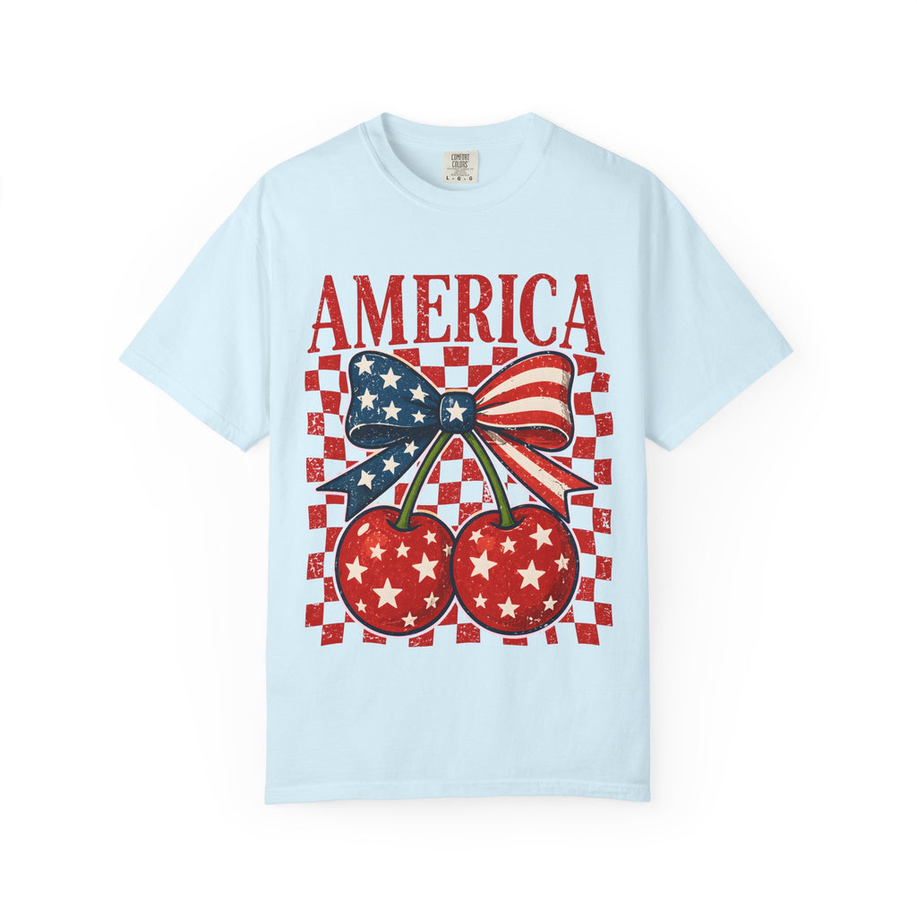 America Cherry Graphic T-Shirt — Patriotic USA Flag Bow Vintage Style