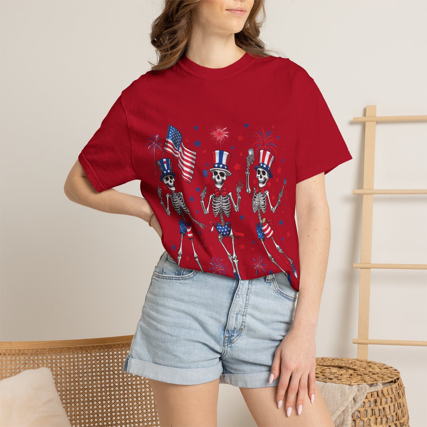 Patriotic Dancing Skeletons T-Shirt | 4th of July Flag Fireworks