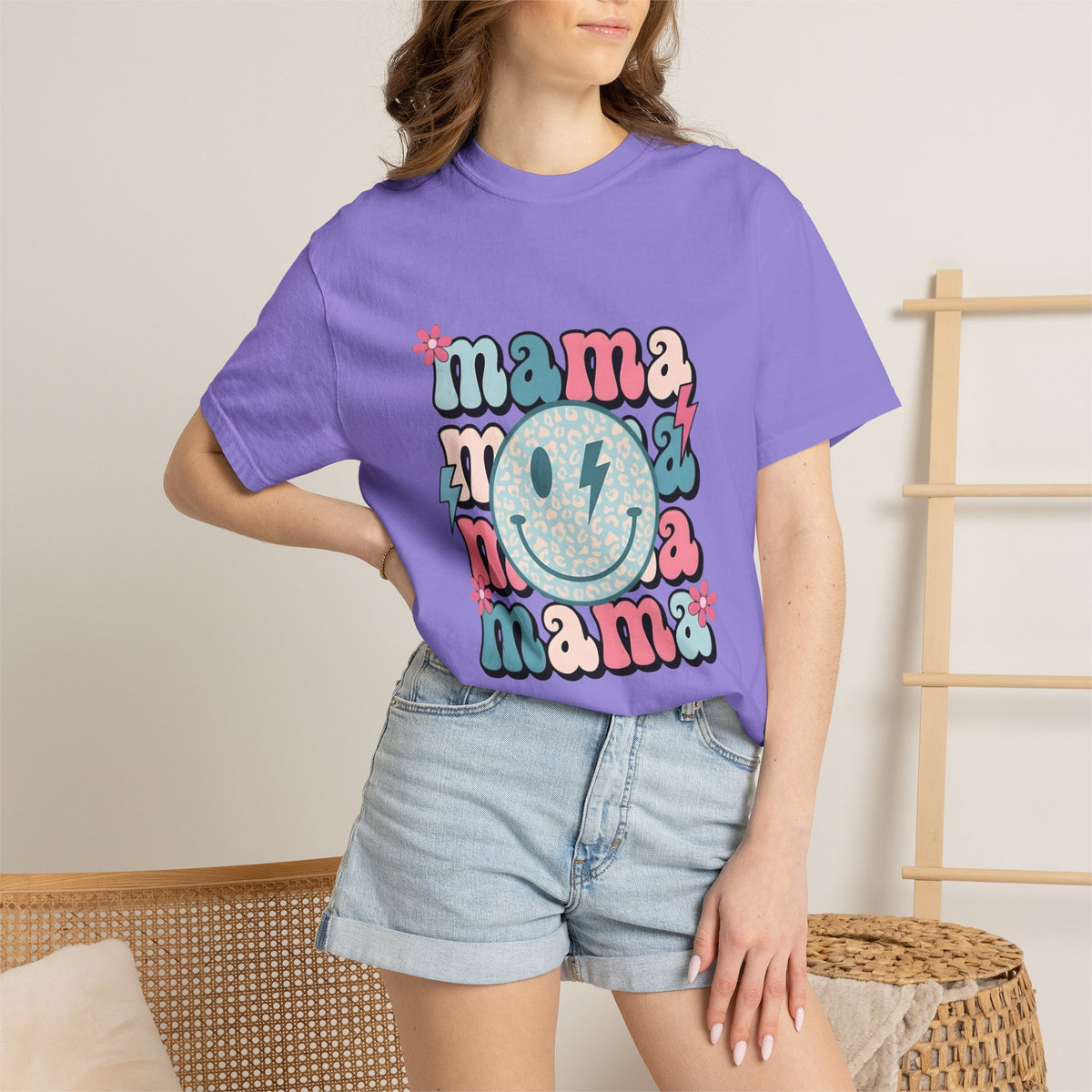 Mama Smiley Graphic T-Shirt — Retro Pink & Blue Mother’s Day Tee